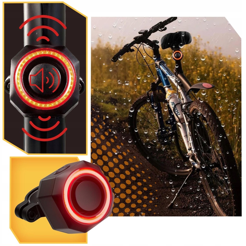ALARM ROWEROWY ANTYKRADZIEŻOWY + LAMPA TYLNA LAMPKA ROWEROWA DZWONEK PILOT Marka Lewer